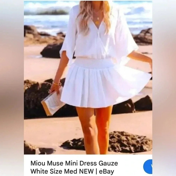 MIOU MUSE NWT  white mini flare gauze dress,cotton, smocked waistline - Picture 2 of 14